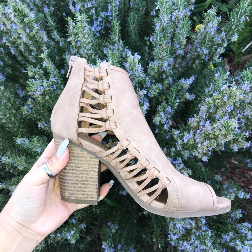 Beige open toe booties